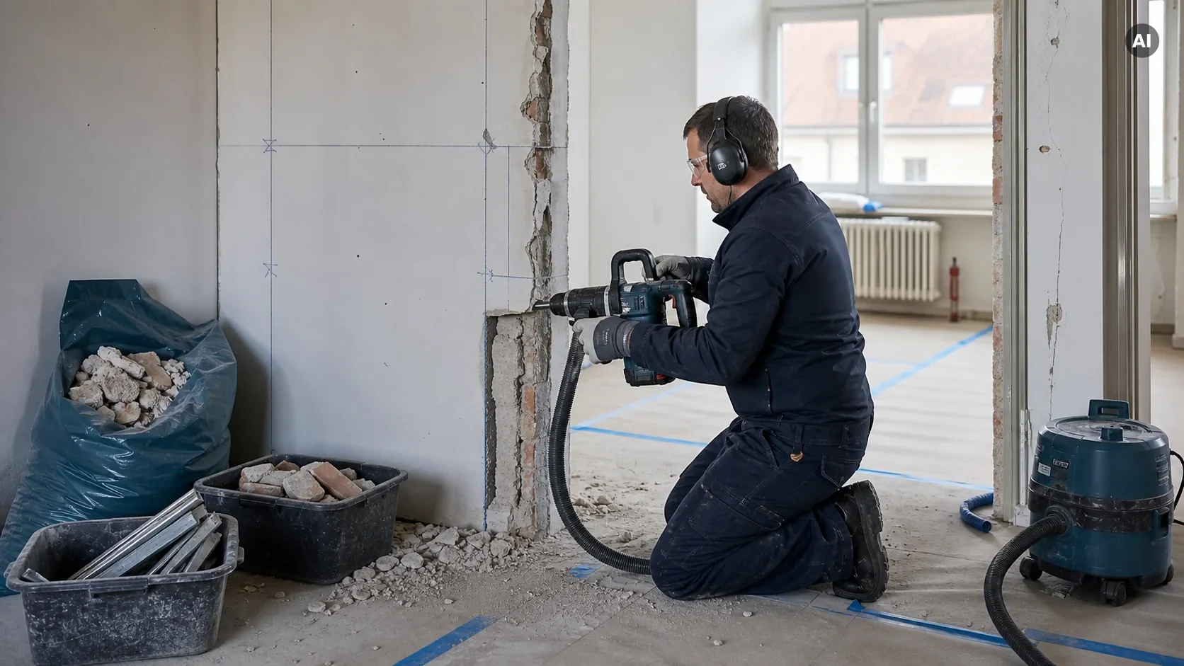 Handwerker bei kontrollierten Arbeiten an einer Innenwand
