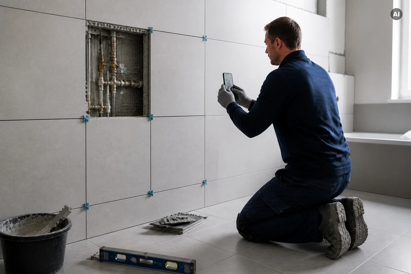 Geöffneter Wandbereich innerhalb einer Fliesenfläche