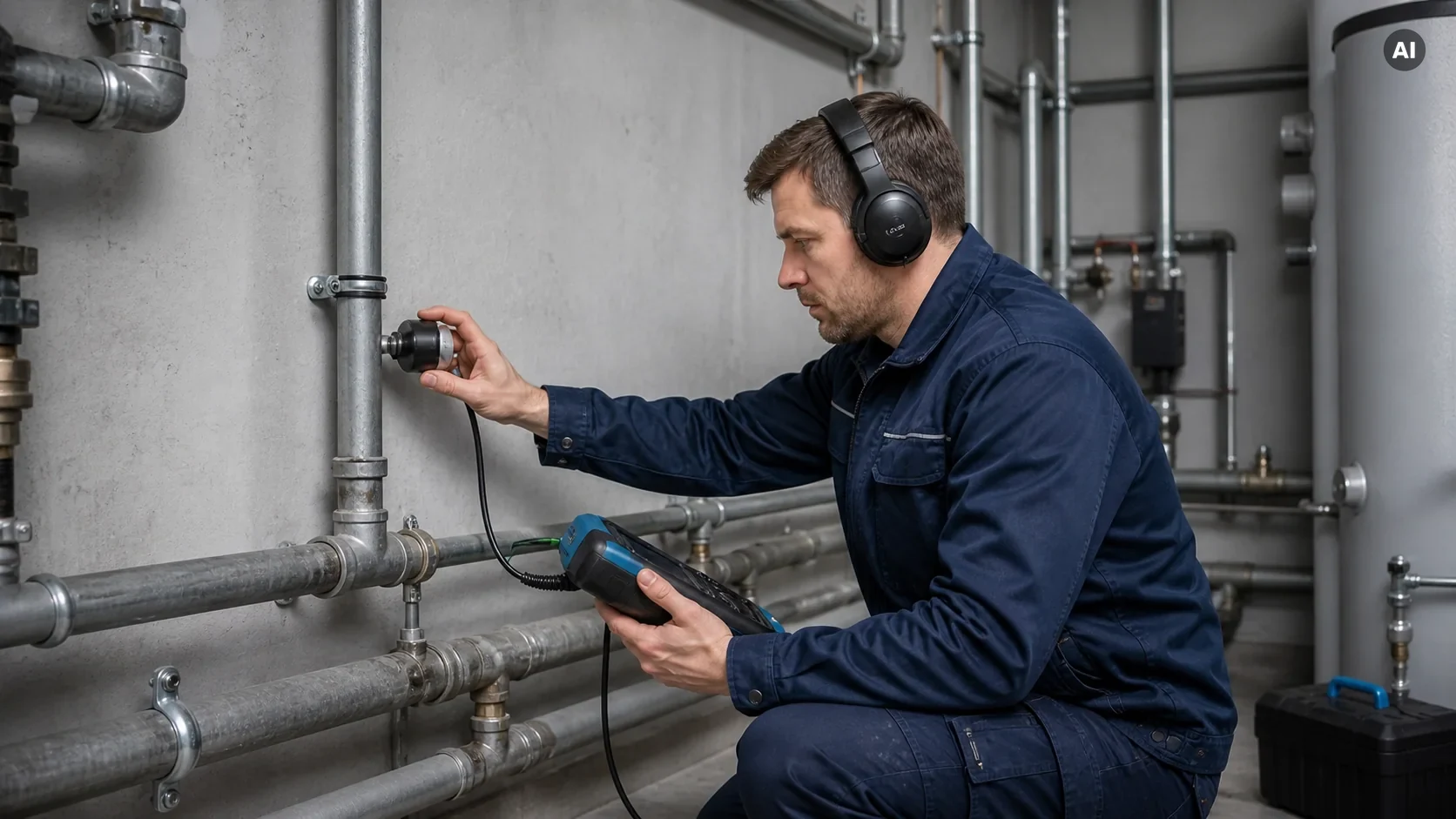 Techniker bei der akustischen Leckageortung an einer Rohrleitung