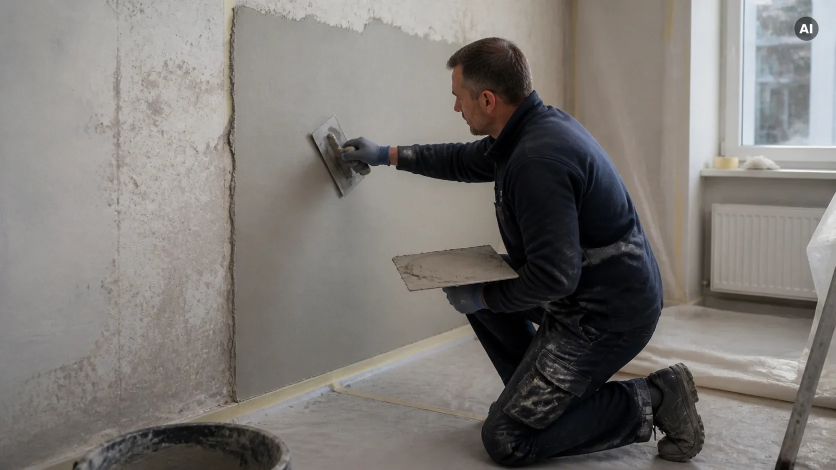 Handwerker bei der Vorbereitung einer beschädigten Wandfläche