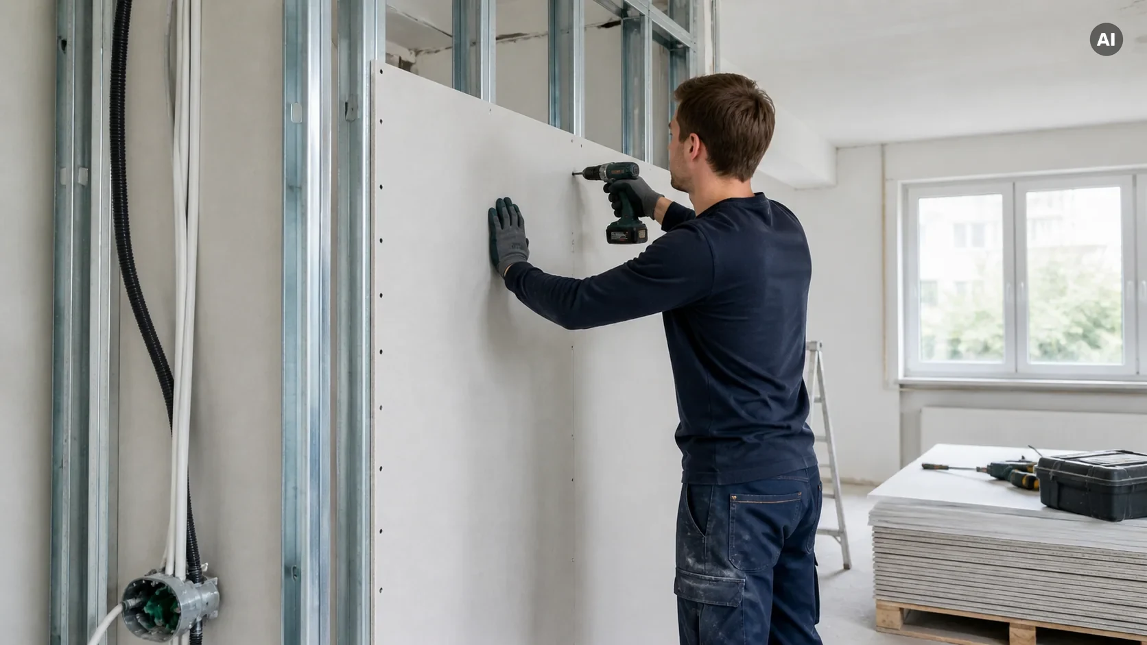 Handwerker bei Arbeiten an einer Innenwand