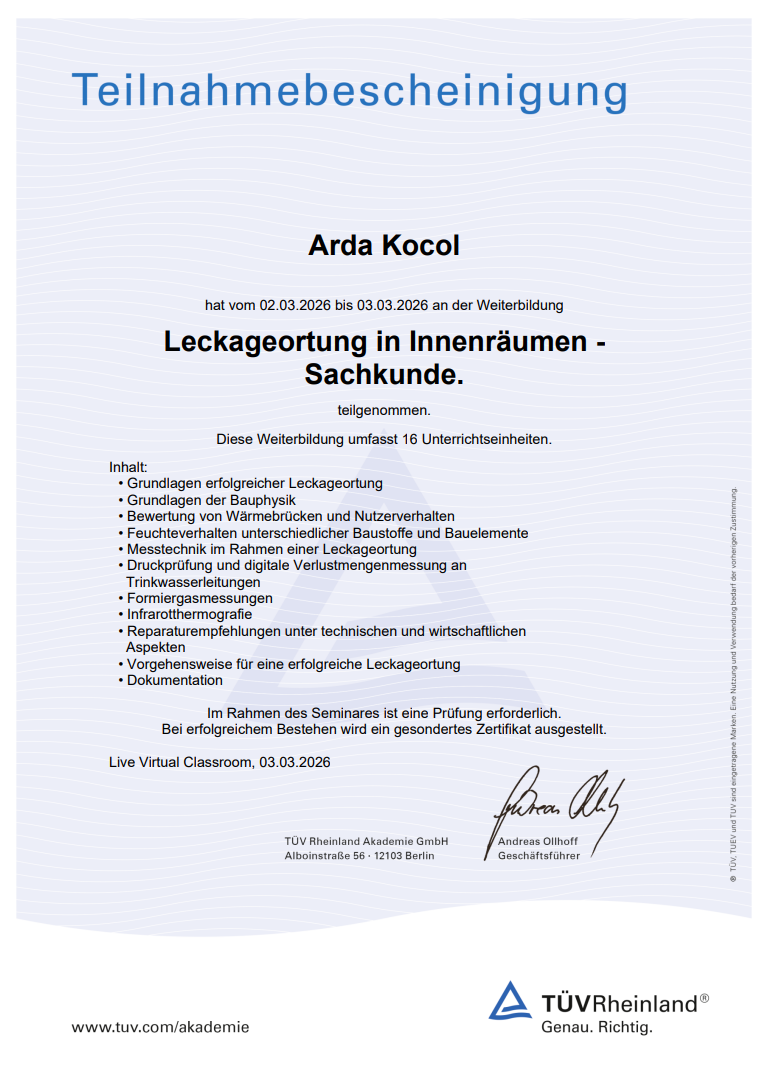 Teilnahmebescheinigung für Arda Kocol: Leckageortung in Innenräumen – Sachkunde