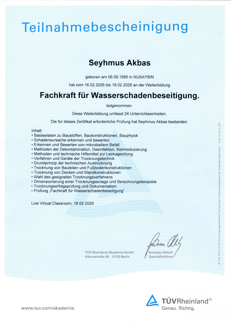 Teilnahmebescheinigung für Seyhmus Akbas: Fachkraft für Wasserschadenbeseitigung